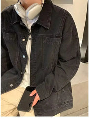 Threebooy Trendy Men's Denim Jacket Autumn Winter, Ripped & Patchwork Design, Oversized Fit, Urban Street Style, Unisex