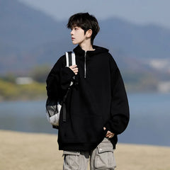 Threebooy Spring Casual Hoodie Mens Half Zip Pullover Pure Color Streetwear Oversize Comfort Loose Fit Trending Hooded Sweatshirt