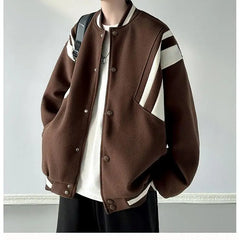 Threebooy Preppy Coat American Retro Contrasting Baseball Uniform Jacket Men's Autumn Winter Style Trendy Niche High-end O-neck Jacket
