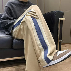 Threebooy Spring American Fashion Color Contrast Striped Casual Pants Men's Loose Straight Sports Pants Trendy Wide-leg Pants M-3XL