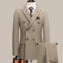 Threebooy Men's Solid Color Two-Piece Suit Set with Lapel Collar And Double Breasted Buttons Business Casual Four Seasons Wear