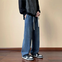 Threebooy Men's Wide Leg Jeans Straight Elastic Waist Baggy Casual Korean Fashion Retro Oversize Male Drawstring Design Pants