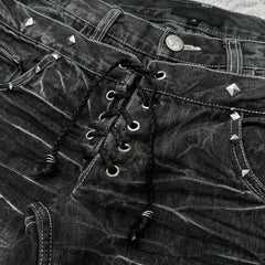 Threebooy Y2K Washed Jeans Gothic Retro Micro Flared Double Waisted Lace Up Pants Men Women Streetwear High Quality Design Sense Trousers