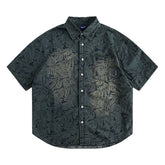 Threebooy Summer Denim Short Sleeve Shirt Men Streetwear Hip Hop Leaves Print Jeans Shirt Oversized Harajuku Washed Casual Blouse Male
