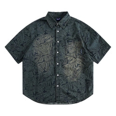 Threebooy Summer Denim Short Sleeve Shirt Men Streetwear Hip Hop Leaves Print Jeans Shirt Oversized Harajuku Washed Casual Blouse Male