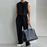 Threebooy 2024 Summer Casual Suit Pleated Sleeveless Tank Tops Trousers Men's Sports Clothing Wrinkled Solid Vest Long Pants Two-Piece Set