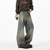 Threebooy Mens Loose Straight Wide Leg Jeans Distressed Washed Vintage Oversized Floor Length Denim Pants Casual Streetwear Trendy