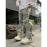 Threebooy Distressed Washing Side Zip-up Micro Flare Jeans Niche Street Style American Vintage High-end Feel Trousers For Men Casual Scene