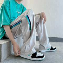 Threebooy Men's Summer Ice Silk Hip Hop Casual Pants Side Stitching High Street Joggers Sweatpants Fashion Homme Loose Trousers M-2XL