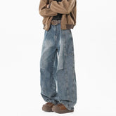 Threebooy Hip hop personality trend men and women straight leg washed jeans American couple loose retro curved knife casual pants y2k
