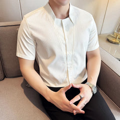 Threebooy Advanced Sexy V-neck Men's Long Sleeved Shirt Designer Stand Up Collar Shirt Business Social Slim Fit Black and White Top