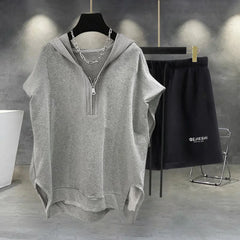 Threebooy Y2K Mens Set Slit Zipper Hooded Sleeveless Shorts Summer Casual Gym Sports Solid Color Two-Piece Set Men's Clothing Unisex
