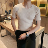 Threebooy Brand Clothing Men's Summer Leisure Short T-Shirts/Male High-Grade Knitting V-Neck Fahion T-Shirts Plus Size S-4XL