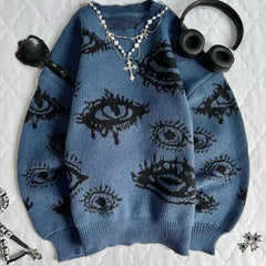 Threebooy Gothic Punk Oversized Eye Pattern Sweaters for Men and Women Autumn and Winter Thickened Sweatshirts Knitted Sweater Streetwear