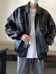 Threebooy Leather Jacket Unisex Trend Hong Kong Style Original Personality Handsome Locomotives Leather Jacket Men Women PU Coat