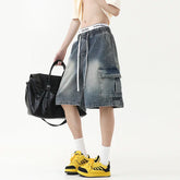 Threebooy Korean Summer Mens Oversized Denim Shorts Elastic Waist Fashion Baggy Knee-length Cargo Shorts Streetwear Casual Short Jeans 