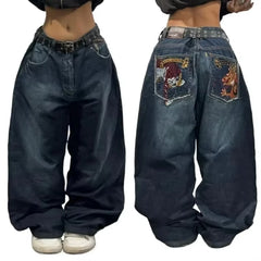 Threebooy Y2K American Vintage Fashion New Washed Old Printed Baggy Jeans Women Punk Rock Popular Casual Joker Couple High Waist Trousers