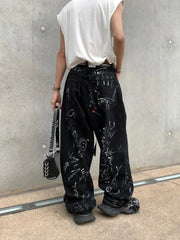 Threebooy Artificial Hand-painted Lettering Graffiti Black Denim Trousers Men Straight Pants