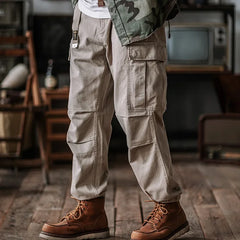 Threebooy American Style Heavyweight Washed Multi-Pocket Work Pants Men's Spring Autumn Loose Cuffed Casual Trousers Comfortable Fit