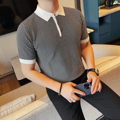 Threebooy Striped Men's Short Sleeved Lapel Polo Shirt Summer Fashion Versatile Casual Knitted T-shirt Ice Silk Breathable Business Polo