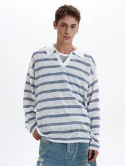 Threebooy American Retro Striped Contrasting Color V-neck Long-sleeved Polo Shirt Men Women Loose Casual Bottoming Trendy Tops Aesthetic
