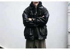Threebooy Oversized Men's Leather Jackets Black VIntage PU Biker Coat Faux Leather Bomber Jacket Punk Big Pockets Windbreaker Overcoat