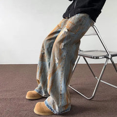 Threebooy Men's Tie Dye Ripped Jeans Men's Loose Straight Leg Washed Distressed High Street American Men's Pants