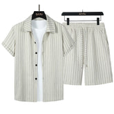 Threebooy New Casual Men's Shirts Sets Summer Leisure Breathable Loose Short Sleeve Striped Shirt for Men Outdoor Fashion Button Lapel Top(Two-Piece Set)