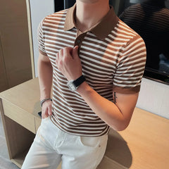 Threebooy Men's Summer Ice Silk Short Sleeves Polo Shirts/Male Slim Fit Stripe Casual High Quality Polo Shirts Plus Size S-4XL