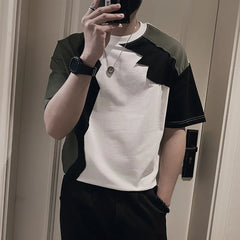 Threebooy Korean Fashion Spliced Round Neck T-shirt Summer Short Sleeve Hollow Casual T-shirt Streetwear Harajuku Hip Hop Tee Tops