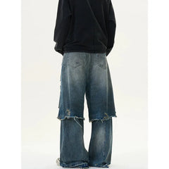Threebooy Blue Vintage Ripped Harajuku Loose Fit Jeans Y2K Hollow Out Wide Leg Trashy Pants Women's Baggy Tassel Street Denim Trouser