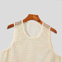 Threebooy New American Style Fashion Men Tops Popular Vacation Hollow Out Mesh Vests Sexy Casual Sleeveless Tank Tops S-2XL Summer