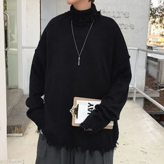 Threebooy Man Clothes High Collar Knitted Sweaters for Men Torn Solid Color White with Holes Pullovers Plain Turtleneck Street Sheap Ugly