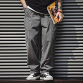 Threebooy Men's Ice-dyed Wide Leg Cargo Pants Multi Pockets Loose Straight Pants Amekaji Vintage 250g 100% Cotton Gray Trousers