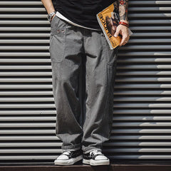 Threebooy Men's Ice-dyed Wide Leg Cargo Pants Multi Pockets Loose Straight Pants Amekaji Vintage 250g 100% Cotton Gray Trousers