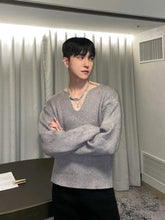 Threebooy Knitted Sweaters for Men Plain Man Clothes Black Loose Solid Color Pullovers V Neck S Knitwears Plus Size Korean Style Baggy A X