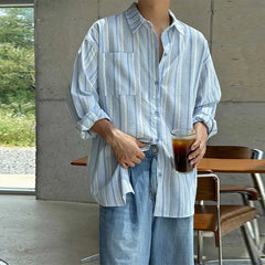 Threebooy New Japanese Vintage Men Striped Shirts Luxury Casual Trendy Long Sleeve Cardigan Tops Fashion Leisure Macaron Sunscreen Blouse