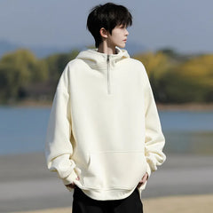 Threebooy Spring Casual Hoodie Mens Half Zip Pullover Pure Color Streetwear Oversize Comfort Loose Fit Trending Hooded Sweatshirt