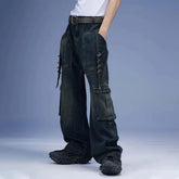 Threebooy Mens Jeans Y2k Washed Buckle Pocket Cargo Casual Pants Autumn Streetwear Fashion All-Match Youth Trend Trousers Male Men'S Wear