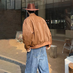 Threebooy Mens Autumn Classic Retro Motorcycle Western Denim Distressed Pu Leather Jacket Korean Style Trendy Casual Jacket Unisex