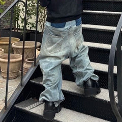 Threebooy CUT-UP Double-layer Double Waist Patchwork Baggy Jeans for Men and Women Straight Casual Loose Denim Trousers Oversized