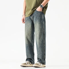 Threebooy Wide Leg Jeans Men Baggy Pants Summer Straight Cut Loose Retro Blue Denim Pants Streetwear Fashion Pockets Vintage Man Clothes
