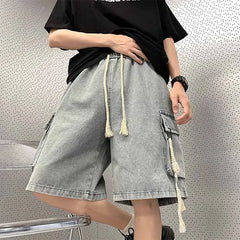 Cargo Shorts Men Denim Trousers Multi Pockets S-3XL Teens Hip Hop Washed Chic American Streetwear Fashion Elastic Waist Vintage