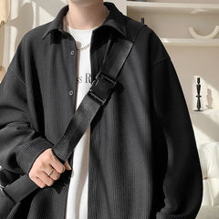 Threebooy White Long Sleeved Shirt Men Fashion Black Casual Shirt Men Streetwear Korean Loose Pleated Shirt Mens Ice Silk Shirts M-3XL