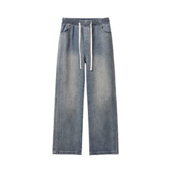 Threebooy Men Denim Pants Elastic waist pull rope Straight Droop Vintage Loose Bottom Straight Wide Leg Casual Male Trousers Korean Style