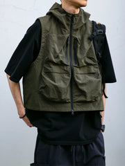 Threebooy Japanese Outdoor Three-dimensional Multi-pocket Short Waterproof Workwear Hooded Vest Men's Trendy Summer Fishing Vest Jacket