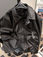 Threebooy American Retro PU Leather Jacket Boys Autumn Winter Trendy Loose Handsome Windproof Motorcycle Jacket with Lapel Leather Jacket