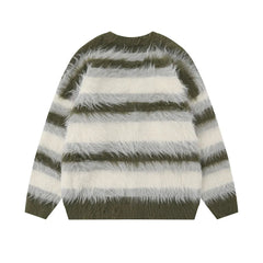 Striped Plush V-neck Sweater Men's Loose Casual Brushed Knit Trendy Couple Versatile Comfortable Harajuku High Street Cardigan