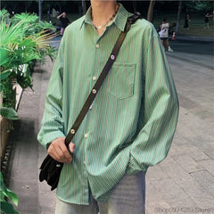 Threebooy Striped Loose Causal Long Sleeve Shirts Man Button Handsome Turn-down Collar Spring Autumn Office Men's Clothing Green