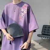 Threebooy 5 Colors Summer Flower Embroidery T-shirt Men's Loose Short-sleeved Casual Tee Shirt Couple O Neck Floral Oversize T shirt